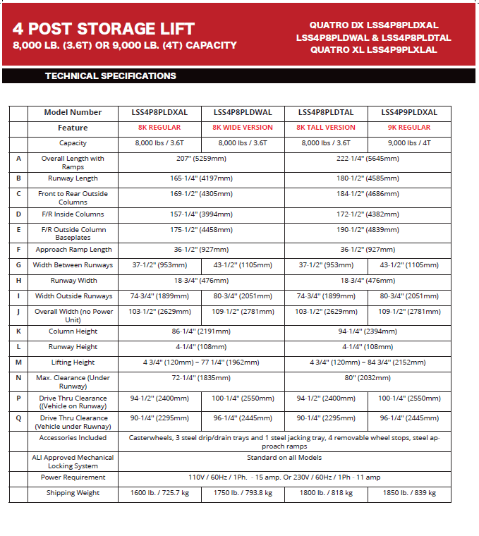 LSS | Quatro Stacker Standard — Four-Post Lift 8,000 LB. (3.6T) - XTC Fitness - Exercise Equipment Superstore - Canada - 4 Post Lift